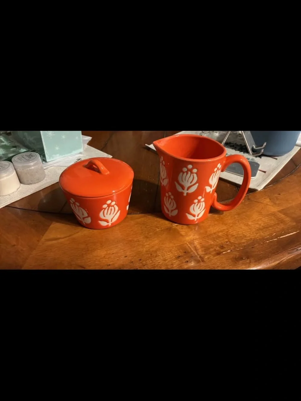 Orange Floral Ceramic Creamer and Sugar Set